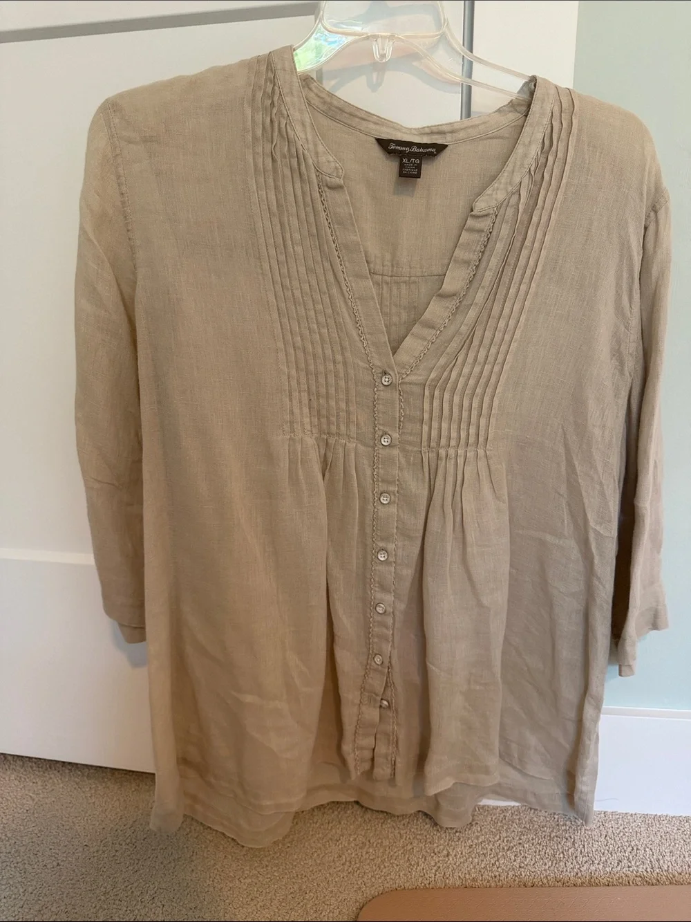3 Tommy Bahama Linen Button Down Blouses with Ruffle Detail Aqua Coral and Tan - Picture 2 of 15